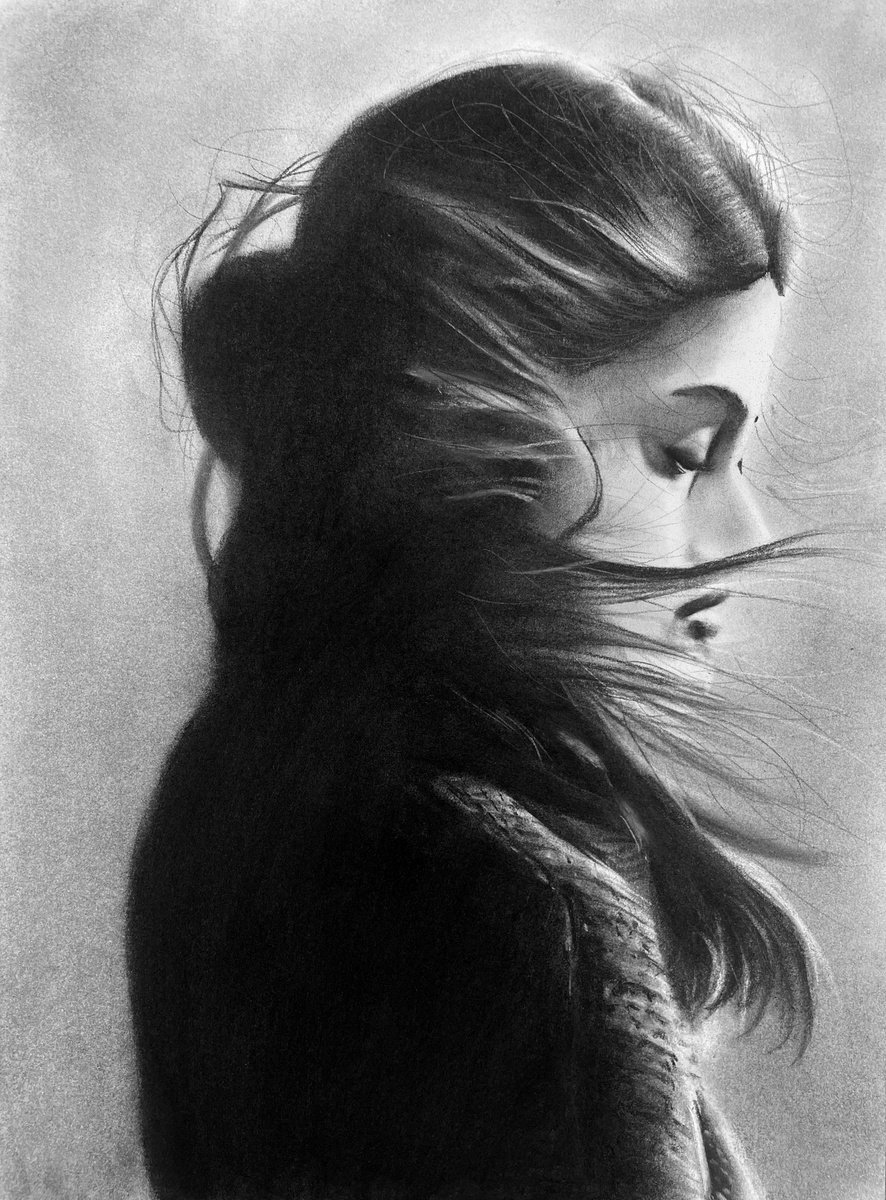 Photorealistic Portrait Charcoal Drawing By Denny Stoekenbroek, 12 X 17, Whispers In The Wind, Original Artwork
