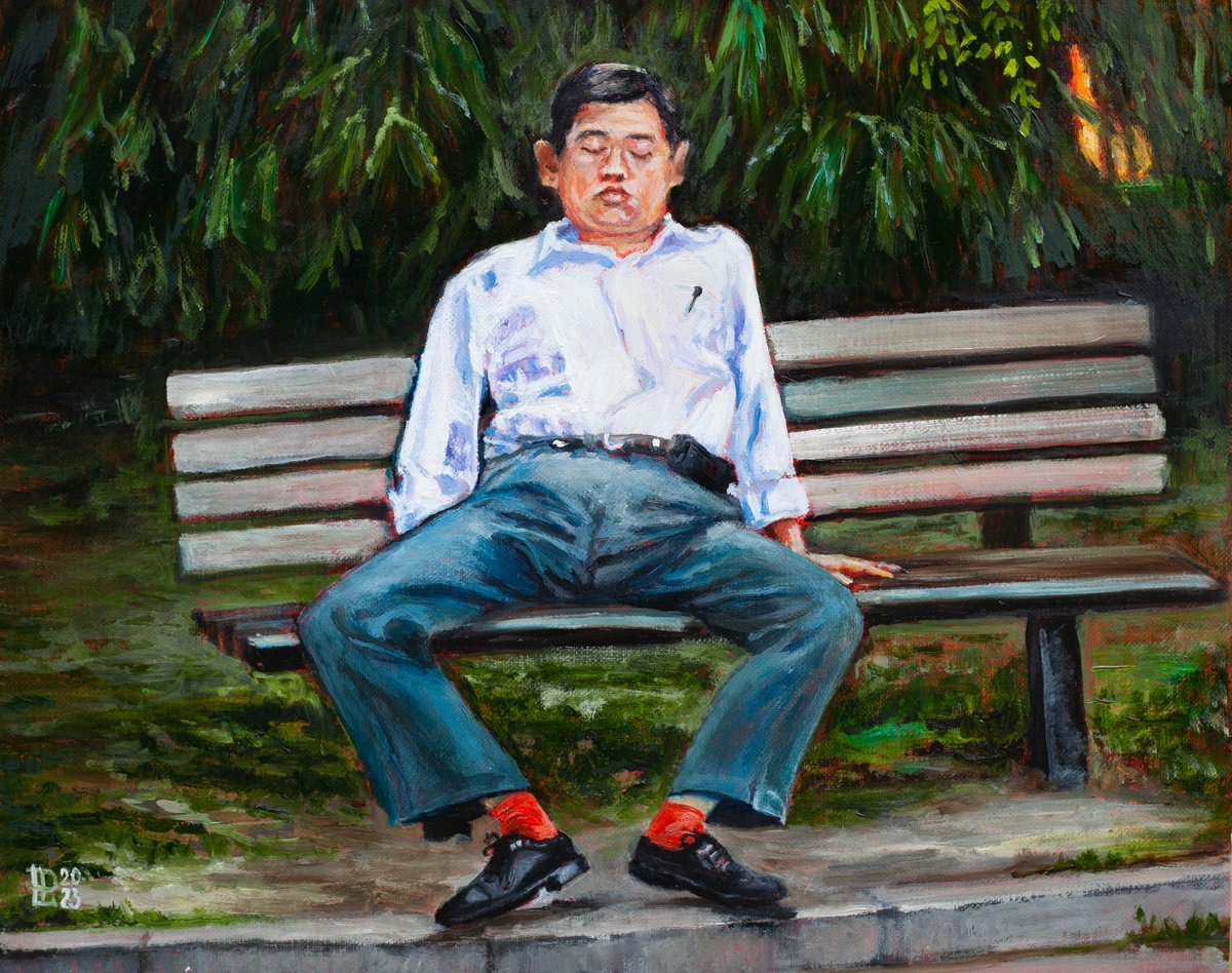 Impressionistic Portrait Oil Painting By Liudmila Pisliakova, 12 X 9", Lunch Break In The Park, Original Artwork