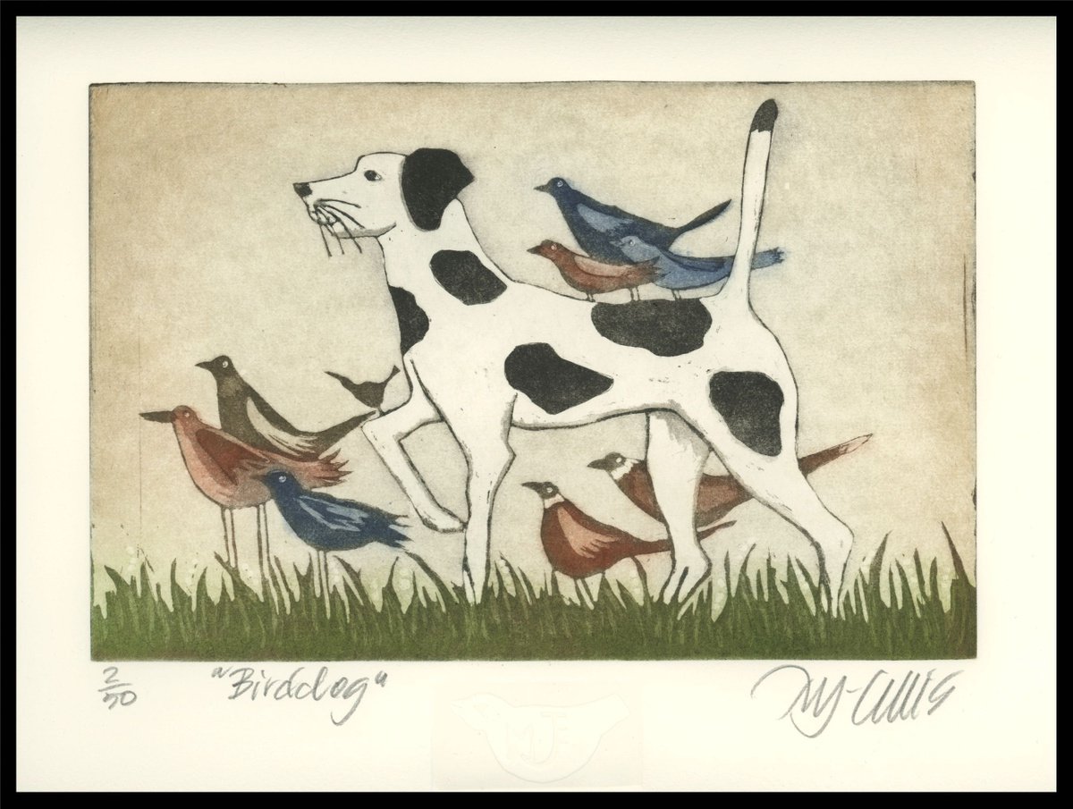 Bird dog, aquatint etching by Mariann Johansen-Ellis
