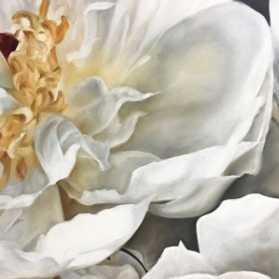 Large square oil painting with white peonies 90 * 90 cm