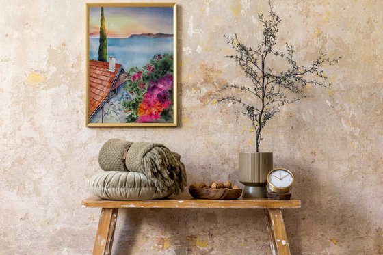 Mediterranean vibe - original watercolor cityscape seaview