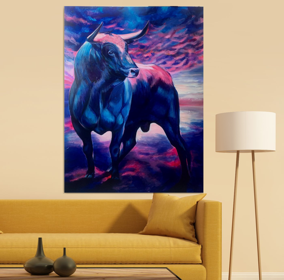 A bull on a blue background