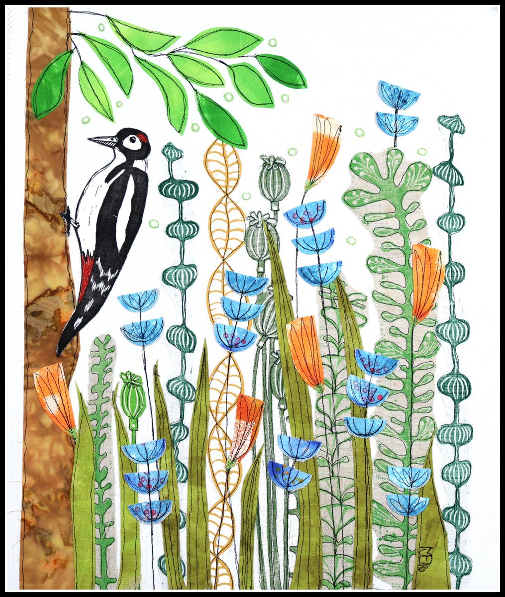 Animal Collage By Mariann Johansen-Ellis, 16 X 20", Woodpecker And Flowers, Original Artwork