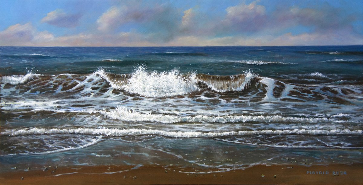 Photorealistic Still Life Oil Painting By Mayrig Simonjan, 21 X 11", Splashing Waves, Original Artwork