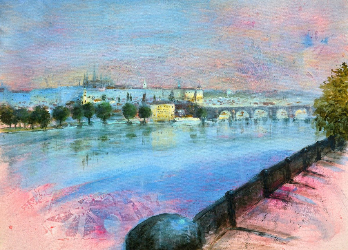Prague vista in red and blue 70x50cm 2021 by Nenad Kojic watercolorist