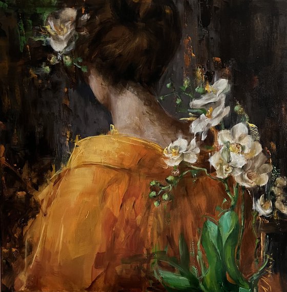 ORANGE KIMONO WHITE ORCHIDS