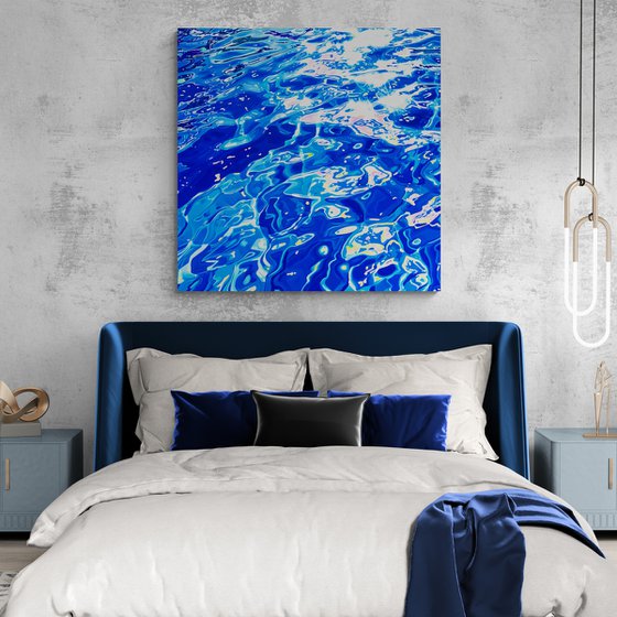 Sea ocean blue color waves with bright sun glares water reflections. Impressionistic artwork. Large wall art home decor. Art Gift