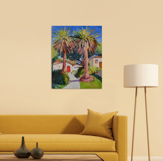 Two Palm Trees and Hispanic Houses, Landscape from California