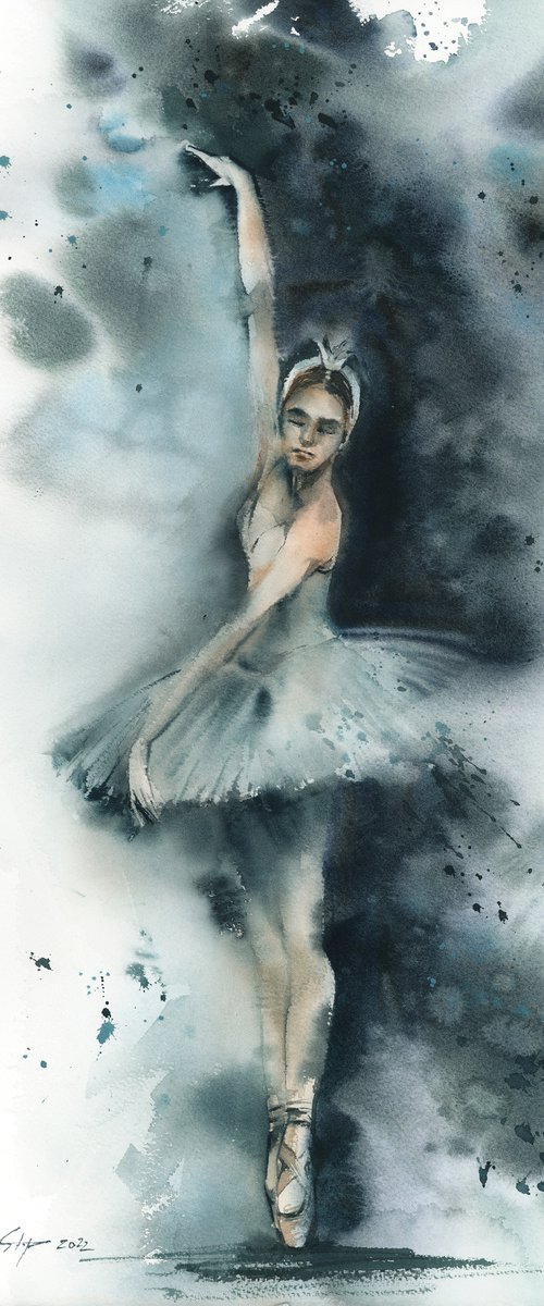 Odette Swan Lake Ballerina Watercolor by Sophie Rodionov