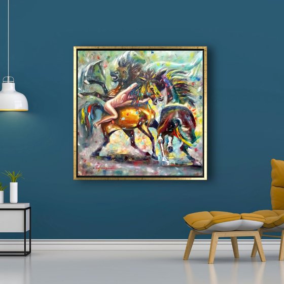 Dynamic Horse Painting 'Rapa das Bestas' Galician Festival, Impressionistic Oil Painting