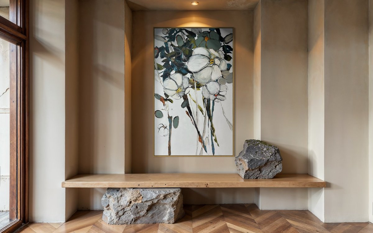 Impressionistic Botanical Acrylic Painting By Tetiana Hutsul, 37 X 61", Roses Don