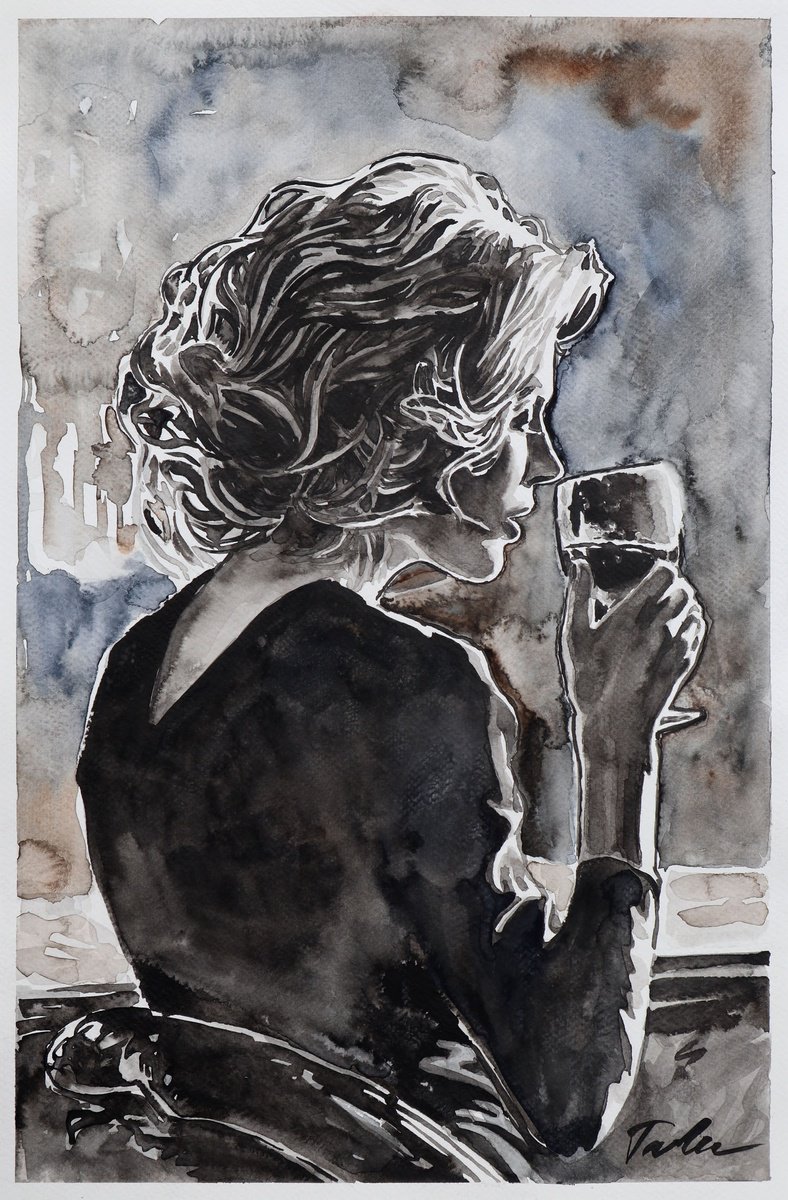 Urban And Pop Portrait Ink Drawing By Tashe, 12 X 18", Thinking Time, Original Artwork