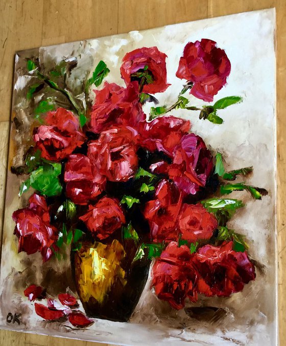 BOUQUET OF RED ROSES  palette knife still life  flowers Dutch style  office home decor gift