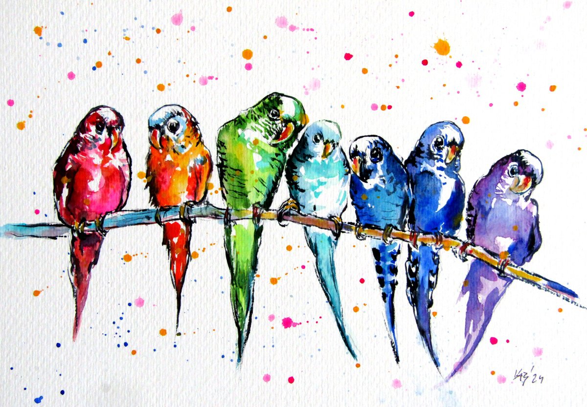 Impressionistic Animal Watercolour By Kovacs Anna Brigitta, 10 X 7", Parrots, Original Artwork