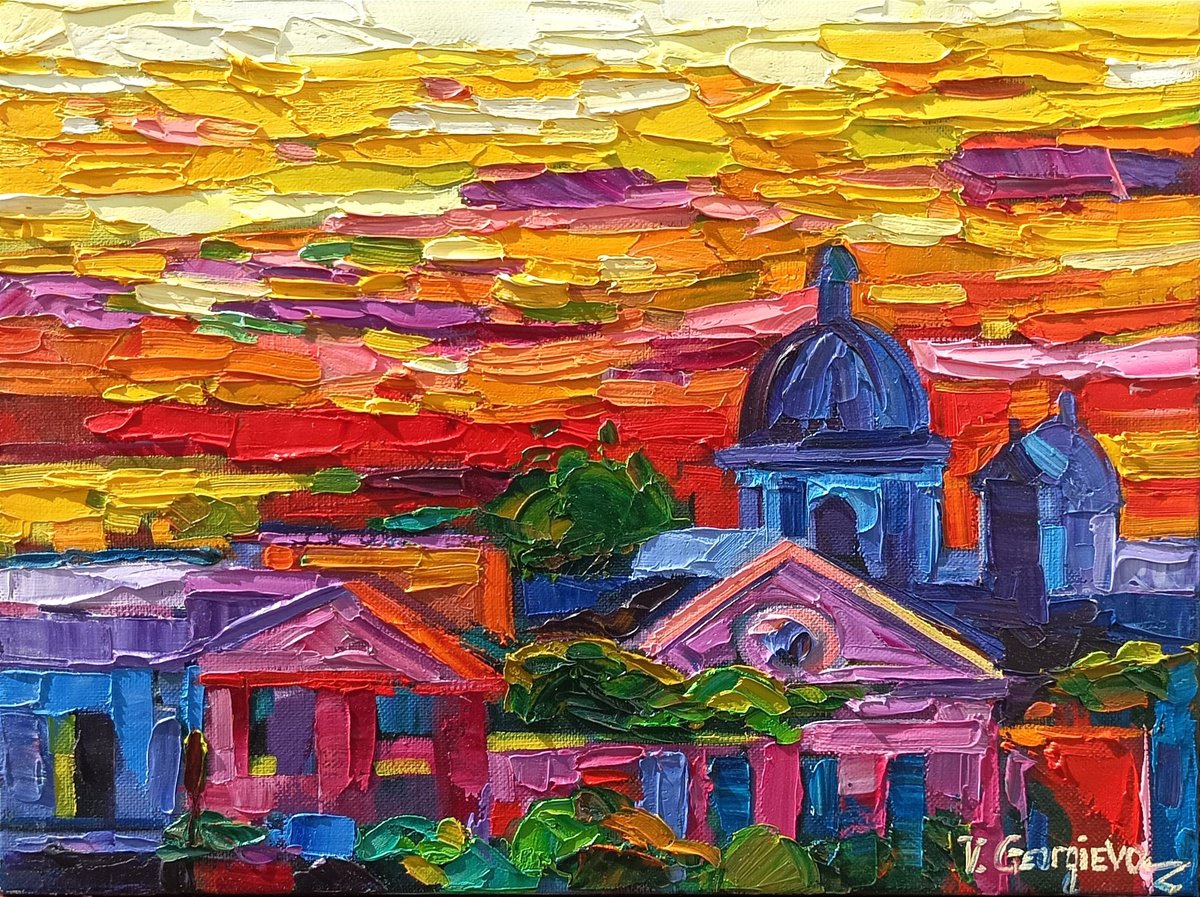 Expressive Cityscapes Oil Painting By Vanya Georgieva, 16 X 12", Fire Sunset At Rome, Original Artwork