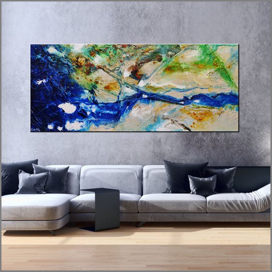 Natures Essence 240cm x 100cm Blue Cream Green Abstract Art