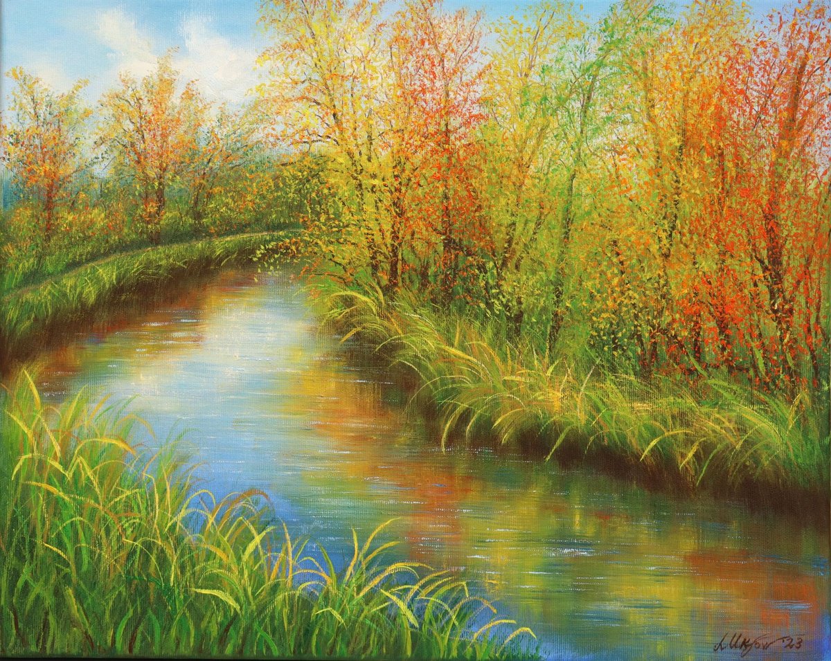 Photorealistic Landscape Oil Painting By Ludmilla Ukrow, 20 X 16", Autumn Reflections, Original Artwork
