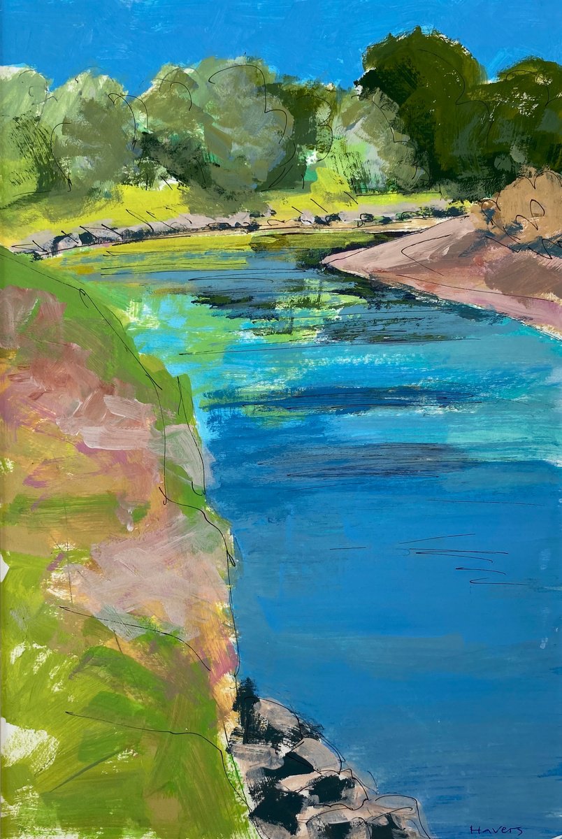 Impressionistic Landscape Acrylic Painting By Chrissie Havers, 8 X 11, Salmon River Study, Original Artwork