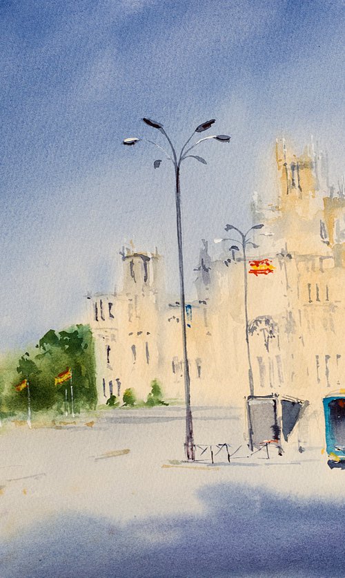 Madrid. Banco de España. Street view with. Original watercolor. Small watercolor urban landscape by Sasha Romm