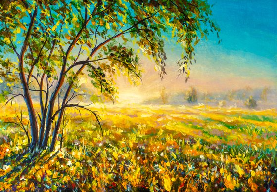Morning gentle foggy rural landscape painting. Painting by Valery Rybakou