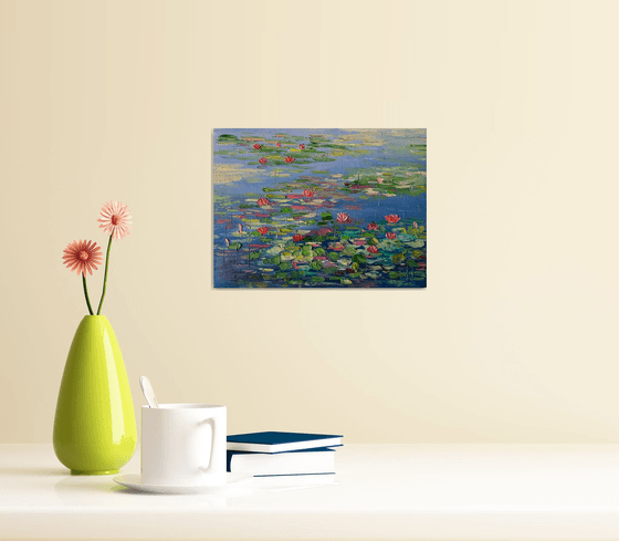 Pink Water lilies pond ! Oil painting on ready to hang canvas