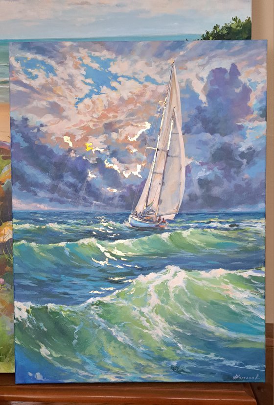 "Sailing into the sun", (18x24x0.7") Original, one of a kind, acrylic and golden leaf on canvas impressionistic style painting