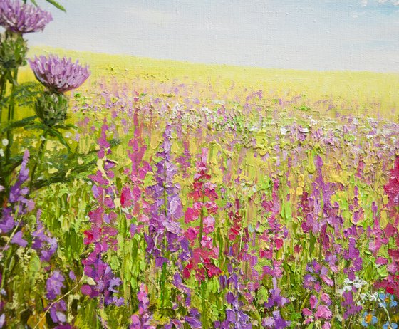 Meadow flowers. Oil painting. Field of flowers. Flower landscape. 33 x 26in.