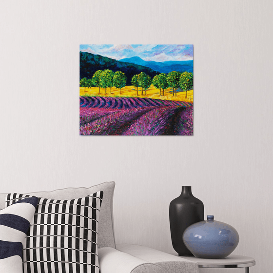 Lavender fields - Landscape with lavender, trees and mountains Oil painting