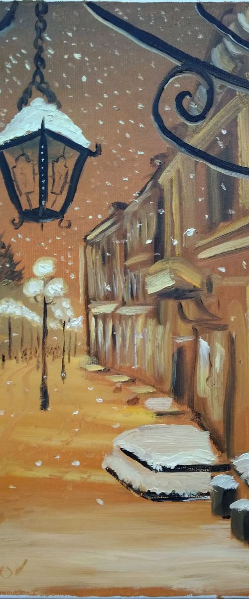 Winter evening street and snowfall by Dmitry Fedorov
