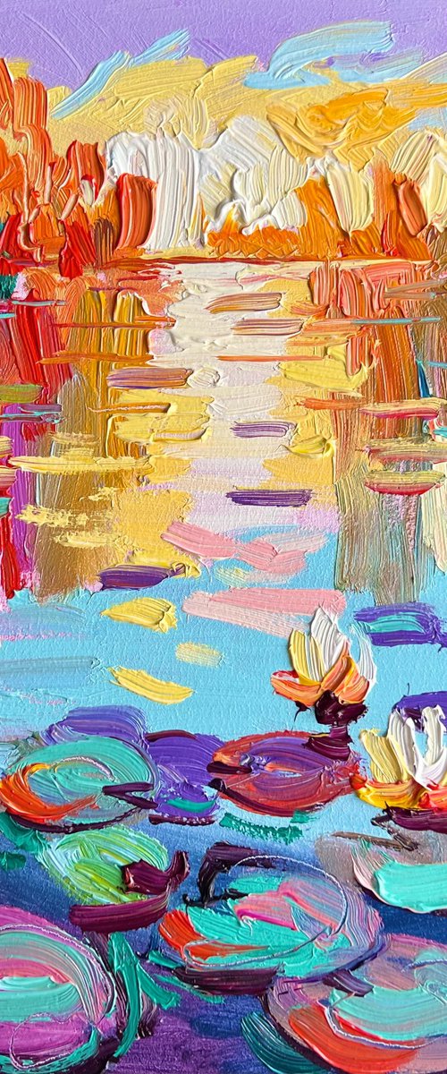 Sunset on a Pond with Water Lilies by Ole Karako
