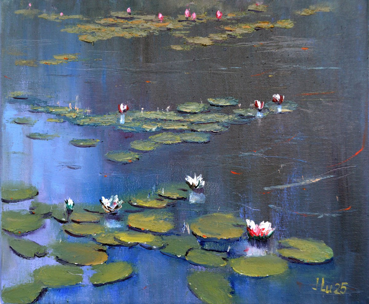 Impressionistic Landscape Oil Painting By Elena Lukina, 14 X 12, Blue Pond 30X35, Original Artwork