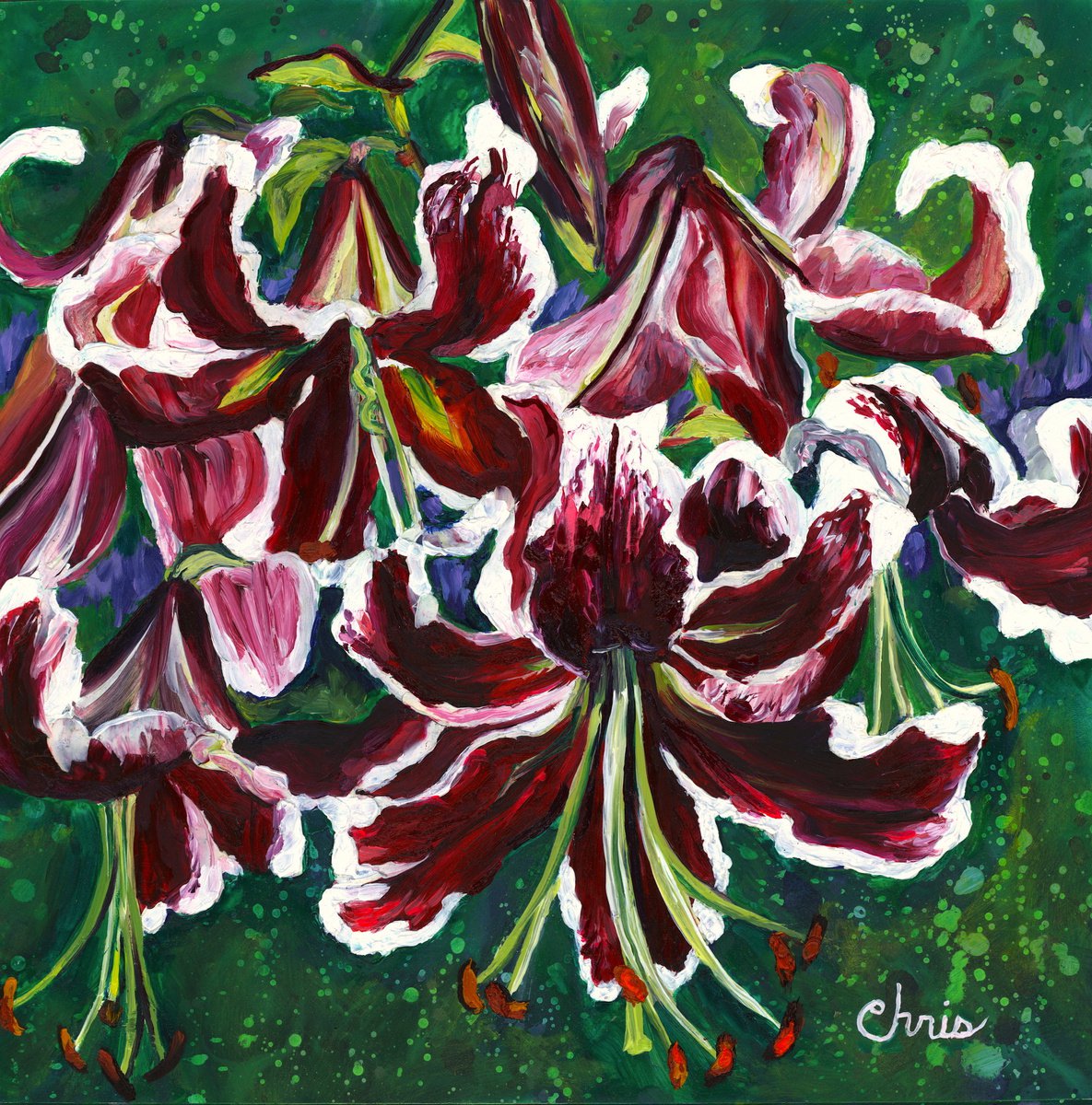 Expressive Botanical Oil Painting By Christina M Plichta, 18 X 18, Magenta & White Lilies, Original Artwork