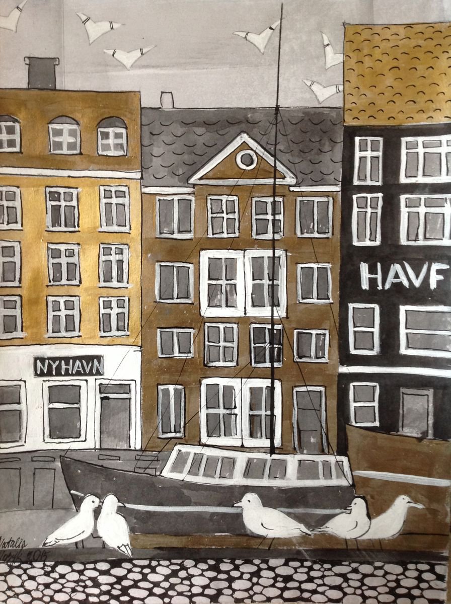 Copenhagen cityscape buildings boat Denmmart original drawing by Nataliia Nosyk
