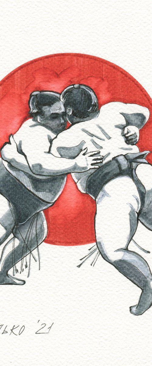 Sumo wrestlers / Original illustration. Japanese style. Wall art decor. Sport office design. Hand drawing picture by Olha Malko