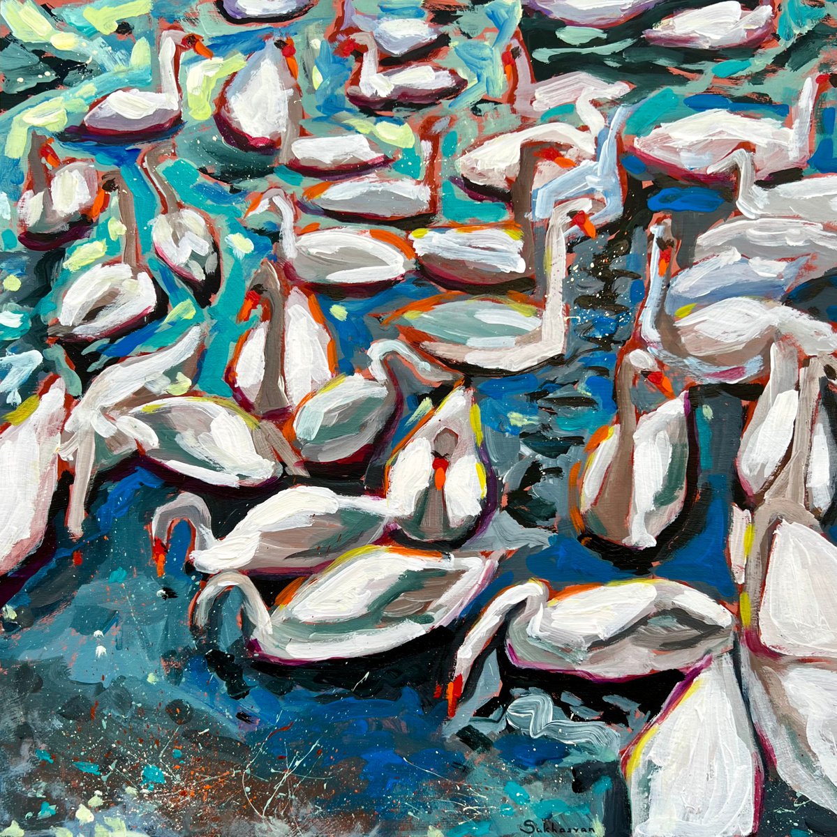 Impressionistic Landscape Acrylic Painting By Victoria Sukhasyan, 14 X 14", Swan Lake, Original Artwork