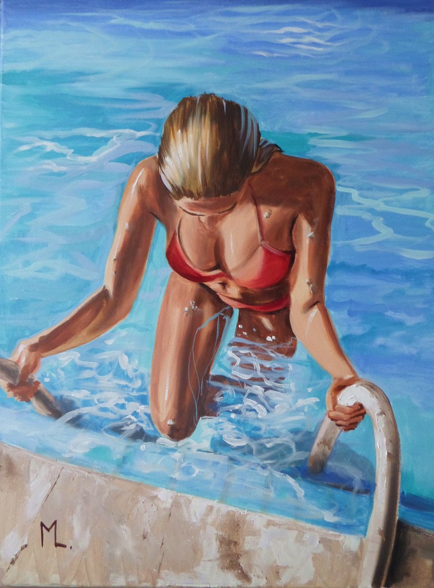 Expressive Portrait Oil Painting By Monika Luniak, 24 X 31", " Summer Time, Pool Time ", Original Artwork