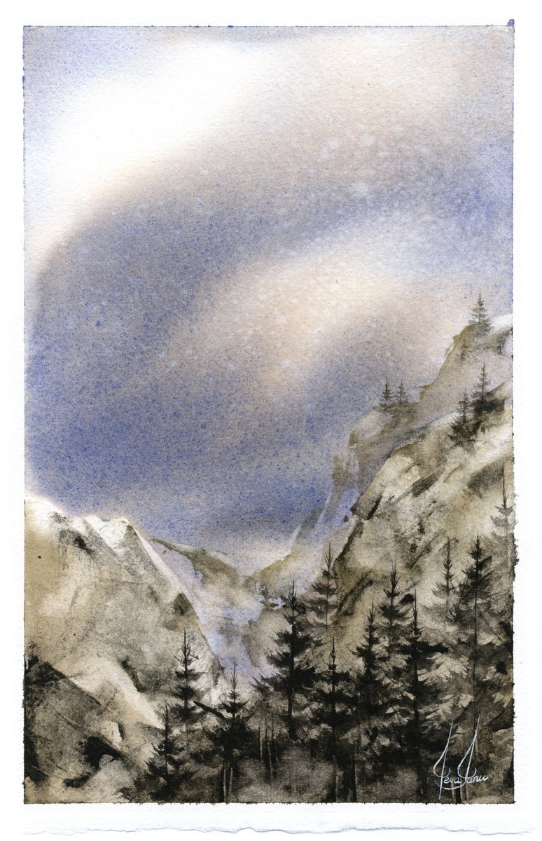 Impressionistic Landscape Watercolour By Ieva Janu, 7 X 11, Mountains Vii, Original Artwork