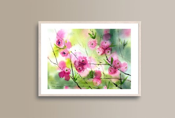 Sakura  original watercolor painting Pink flowers  artwork, floral wall art, gift idea for her spring wall art