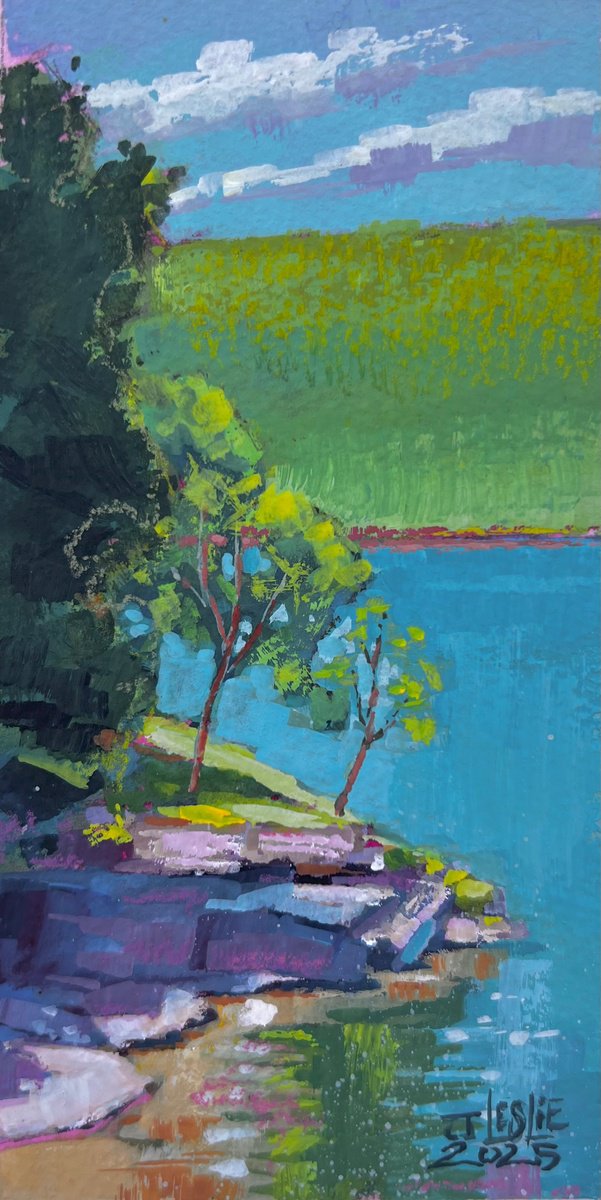 Impressionistic Landscape Painting By Jimmy Leslie, 3 X 6, Outcropping At Narrowsburg, Original Artwork