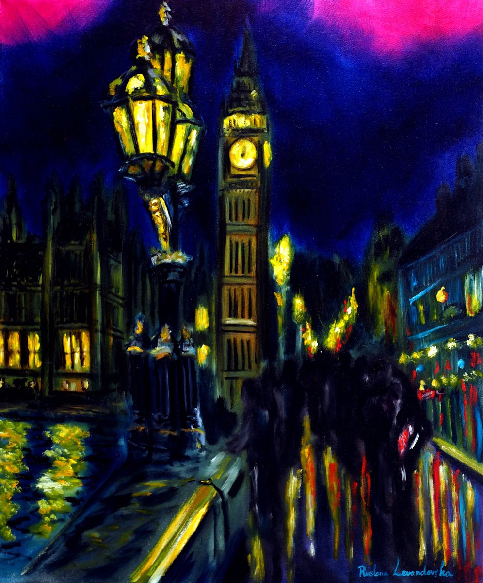 Impressionistic Cityscapes Oil Painting By Ruslana Levandovska, 20 X 24", Evening London Westminster, Original Artwork