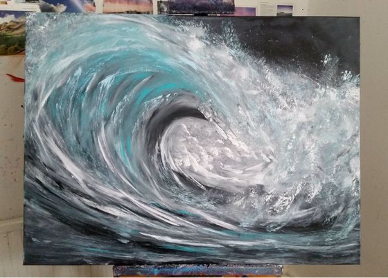 Wild Water - Wave Art, Seascape, Moody Monochrome, XL, Large Painting