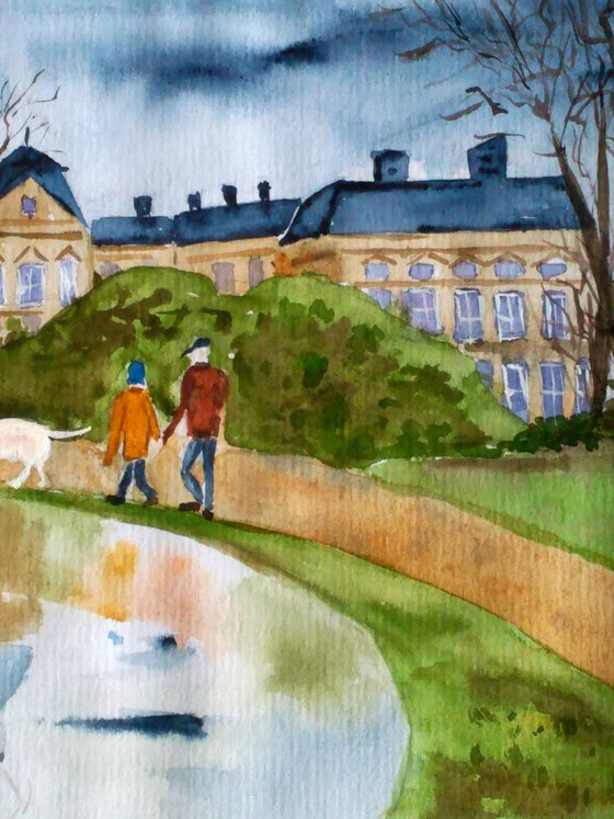 palace park couple dog original impressionistic watercolor painting " Walk in the old park "