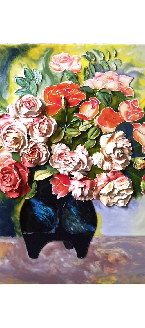 Renoir roses - are beautiful flowers that have turned from a painting into a bas-relief, 100x70x6 cm deep. by Irina Stepanova