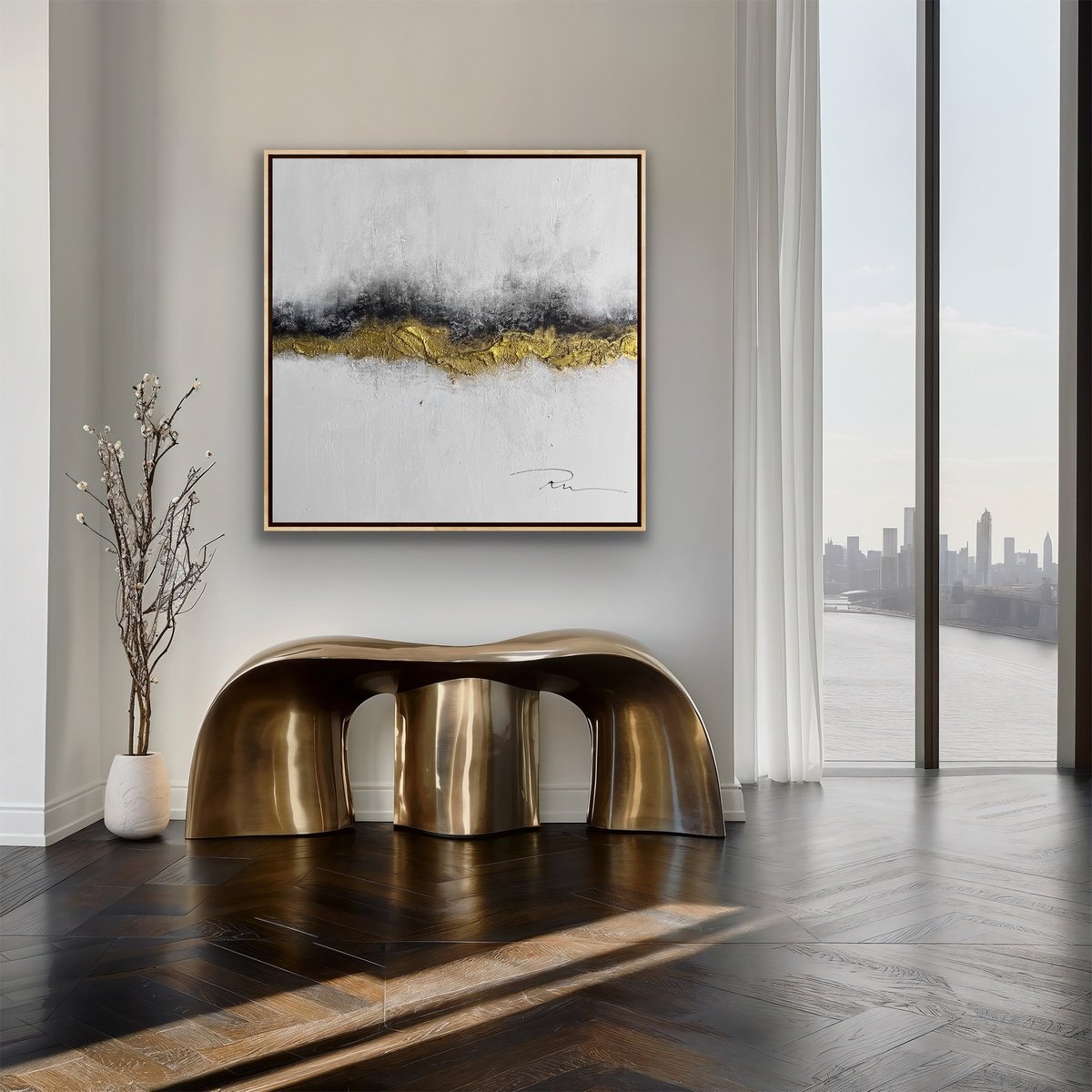 Abstract Acrylic Painting By Indie Ru, 39 X 39, Refined Gold Minimalism, Original Artwork