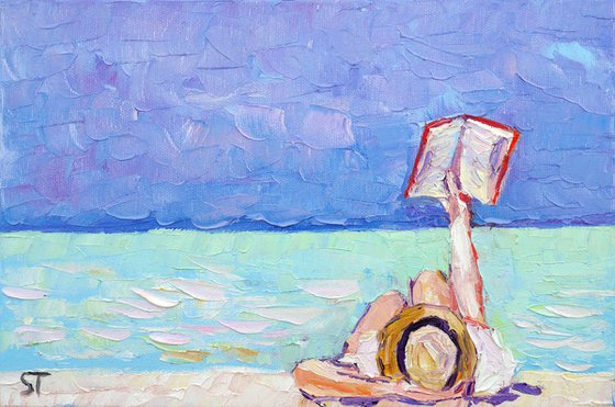 "Reading, woman, sea"  original oil water painting on canvas, ready to hang, small wall decor gift idea