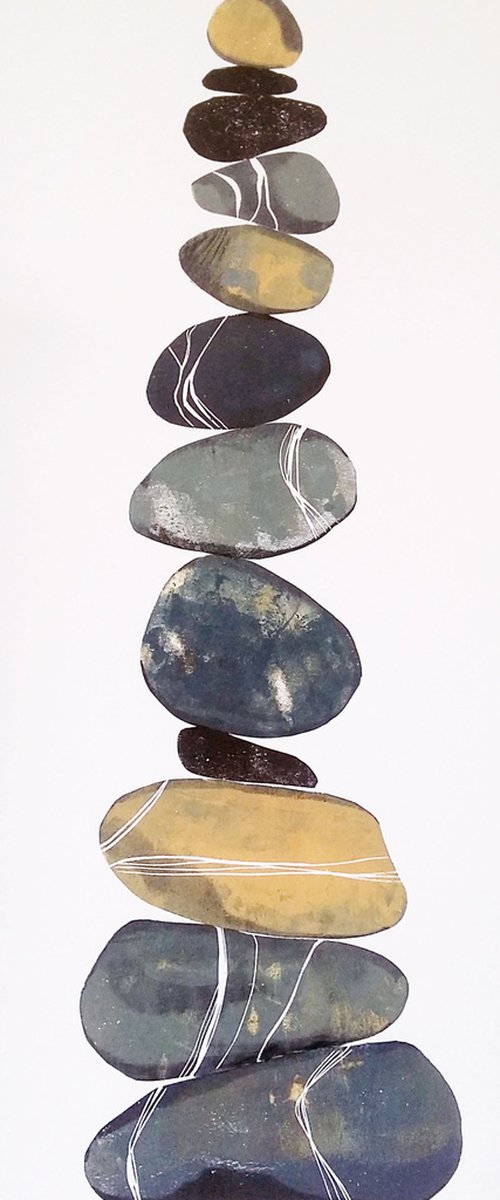 Zen stones - Twelve stones #7  ( banded balancing stones lino/monoprint) by Carolynne Coulson