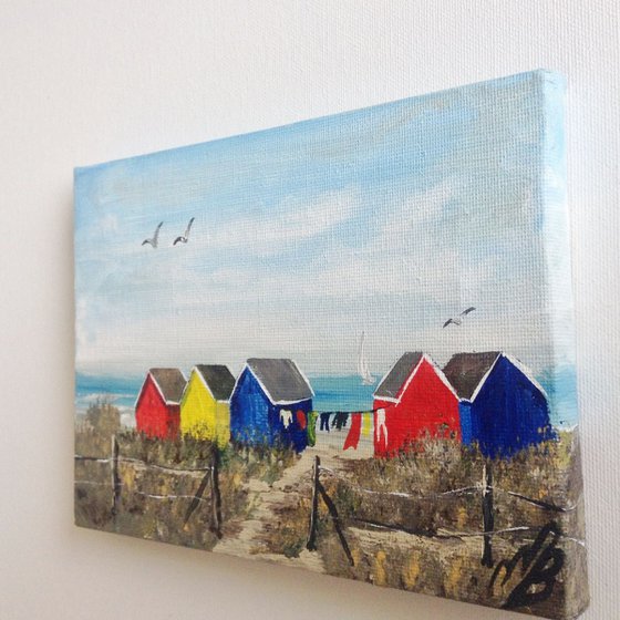 Beach huts on a mini canvas