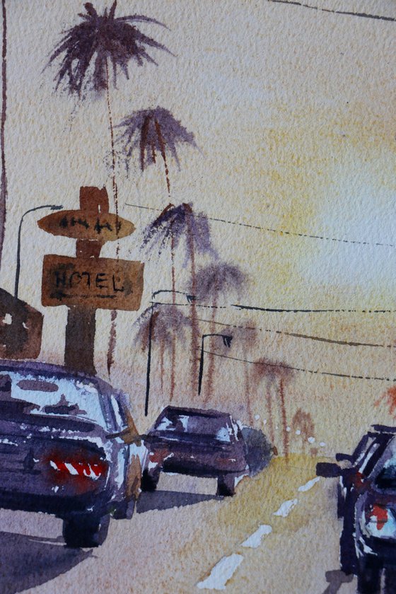 The road with cars in Los Angeles. Sunset. Original watercolor artwork.