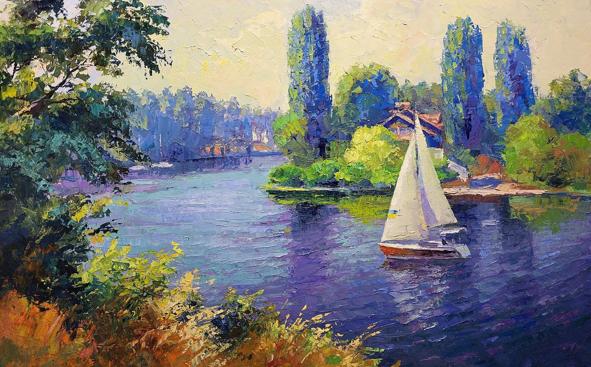 Impressionistic Landscape Oil Painting By Boris Serdyuk, 31 X 20, Sailboat, Original Artwork