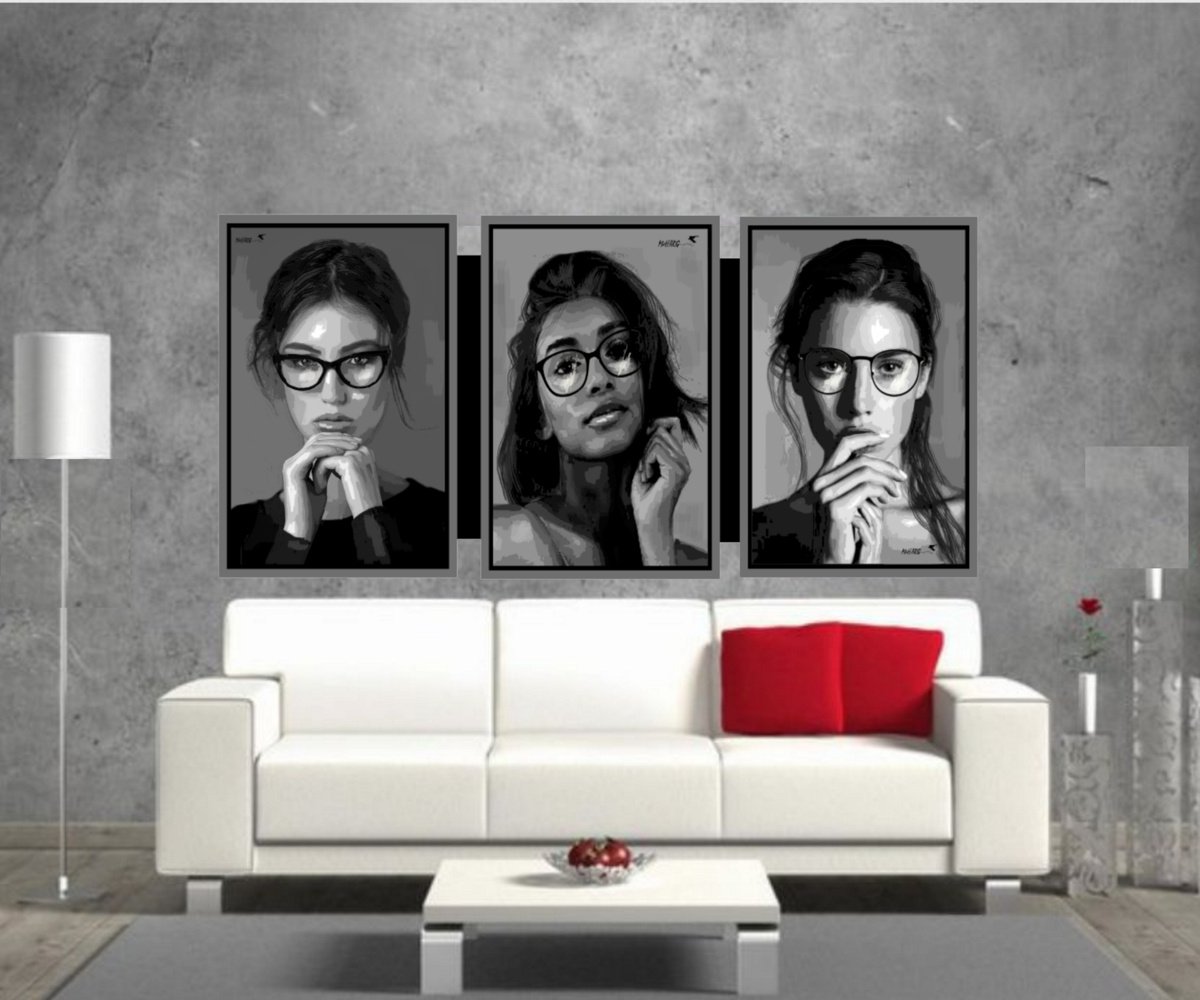 Expressive Portrait Painting By Joe Mcharg, 87 X 41, Bryn Mawr Girls Triptych 87X41, Original Artwork